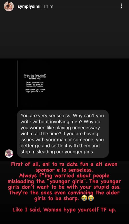 Singer Simi fires back at man who attacked her for faulting the assumption that women who hype themselves are cocky