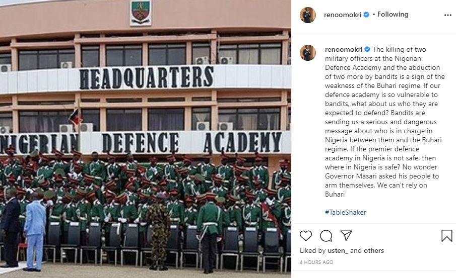 If the defense academy in Nigeria is not safe, then where in Nigeria is safe?- Reno Omokri reacts to attack on Nigeria Defense Academy