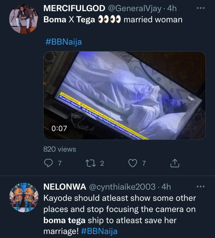 #BBNaija: Shameful for a married woman - Nigerians react to clip of Boma and Tega under the duvet during lights out (video)