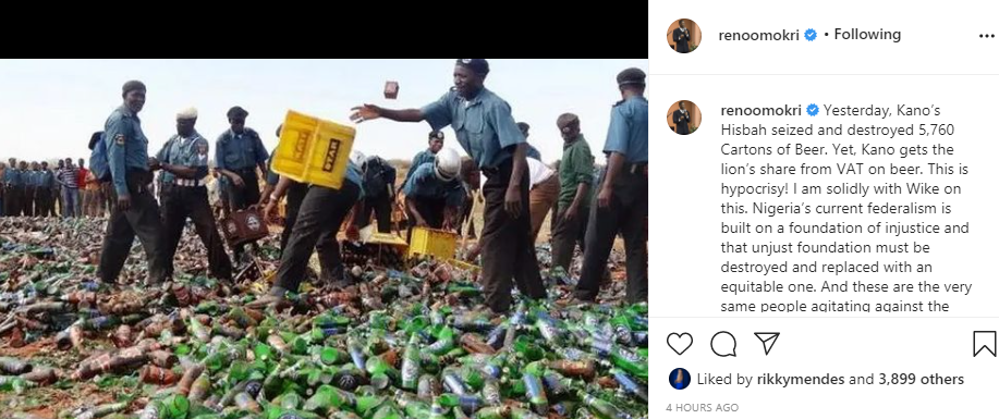 Kano?s Hisbah seized and destroyed 5,760 cartons of beer, yet Kano gets the lion?s share from VAT on beer - Reno Omokri 