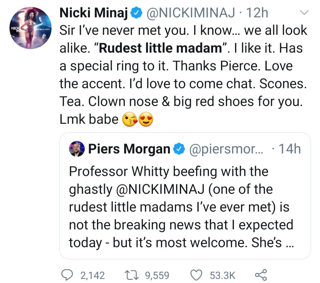 Piers Morgan and Nicki Minaj fire shots at each other after the TV host claimed she snubbed his sons in 2011
