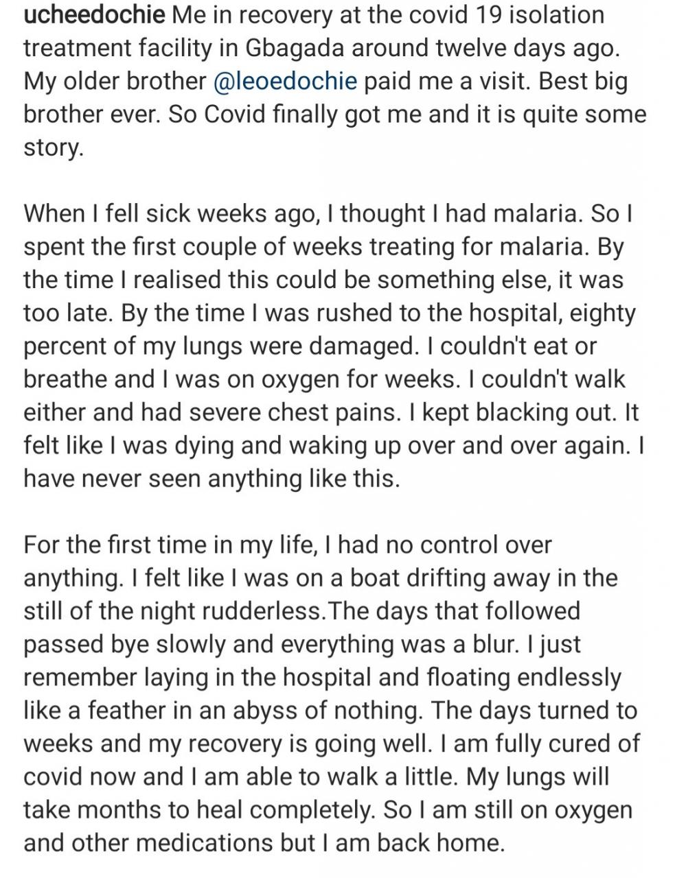 "The facility where I was treated for Covid-19 charges 350K per day" Pete Edochie
