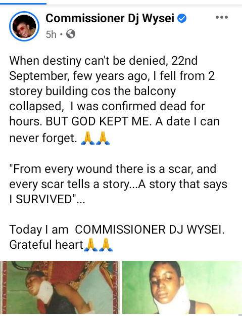Nigerian disc jockey, Commissioner DJ Wysei says she was confirmed dead for hours after falling from two-storey building 