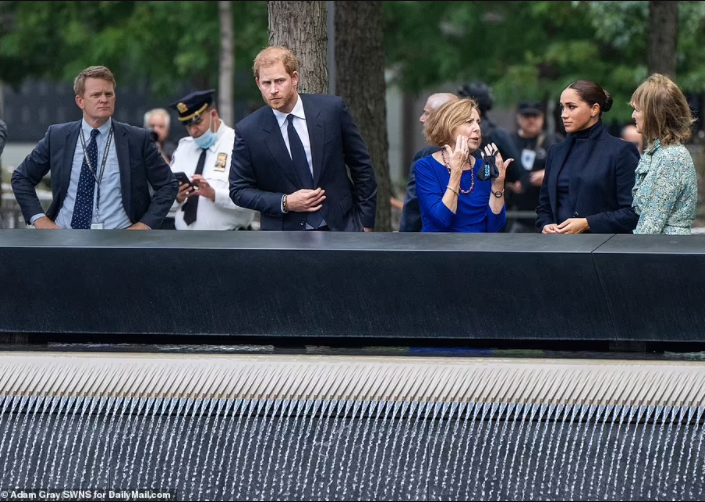 Prince Harry and Meghan Markle visit the 9/11 memorial and One World Trade Center during their first major public appearance since welcoming daughter (photos)