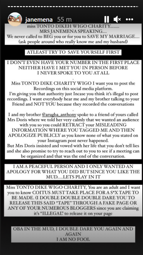 I dare you to release my sex tape and recordings. I never begged you to save my marriage - Jane Mena counters Tonto Dikeh after lawsuit notice 