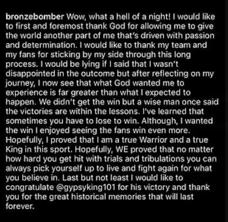 Deontay Wilder finally breaks his silence after his defeat to Tyson Fury?