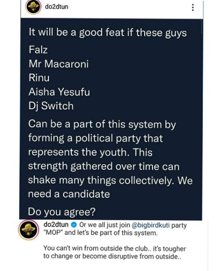 It will be great if Falz, Aisha Yesufu, Mr Macaroni, DJ switch and Rinu form a political party - OAP Dotun suggests