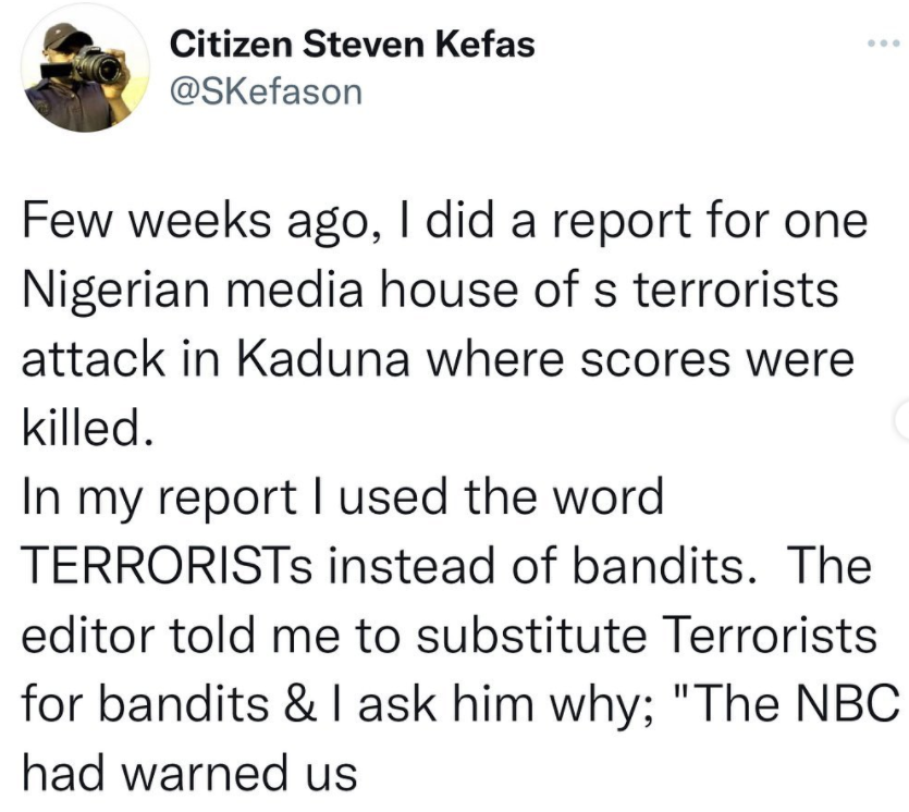 An editor asked me to substitute the word terrorists for bandits in my report - Nigerian journalist reveals 