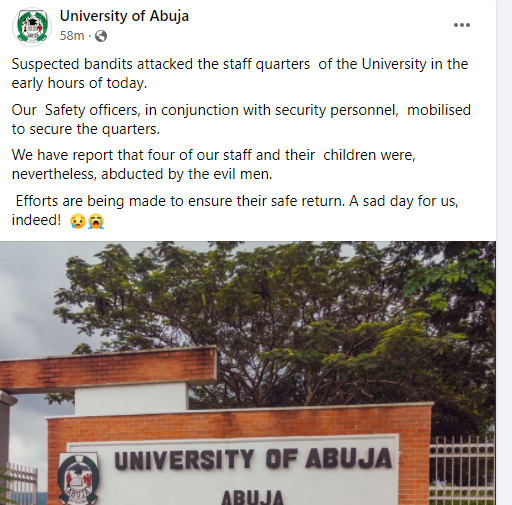 Four UNIABUJA staff alongside their children abducted as suspected bandits attack the staff quarters