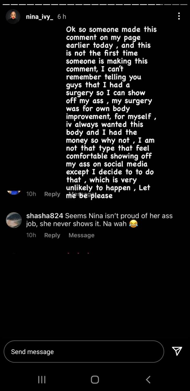 Reality TV star, Nina, responds after troll said she is ashamed to show off her surgically-enhanced butt