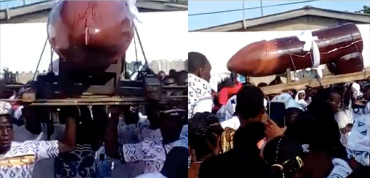 Woman who had 10 kids with 10 different men buried in pen!s-like casket (video)