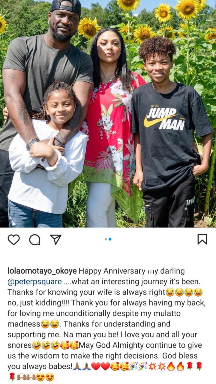 "Thanks for knowing your wife is always right.  Na man you be." Lola Omotayo-Okoye jokes as she celebrates wedding anniversary with Peter Okoye