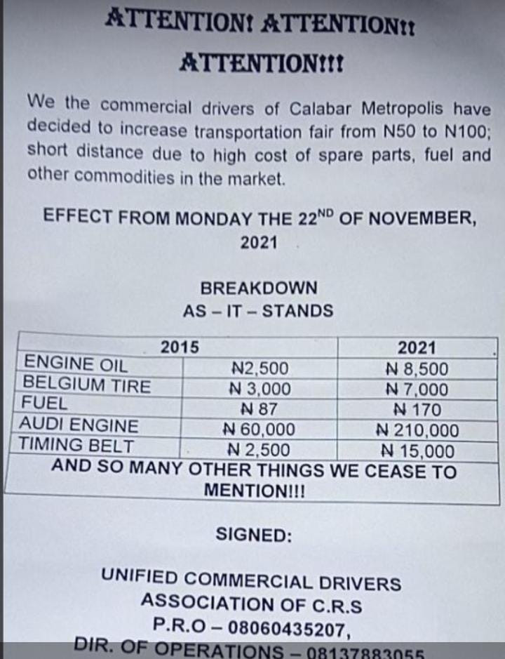 Commercial drivers in Calabar announce increase in transport fares due to hike in prices of vehicle spare parts and maintenance