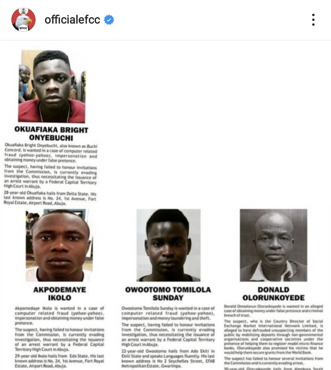 EFCC declares four men wanted for offences bordering on fraud
