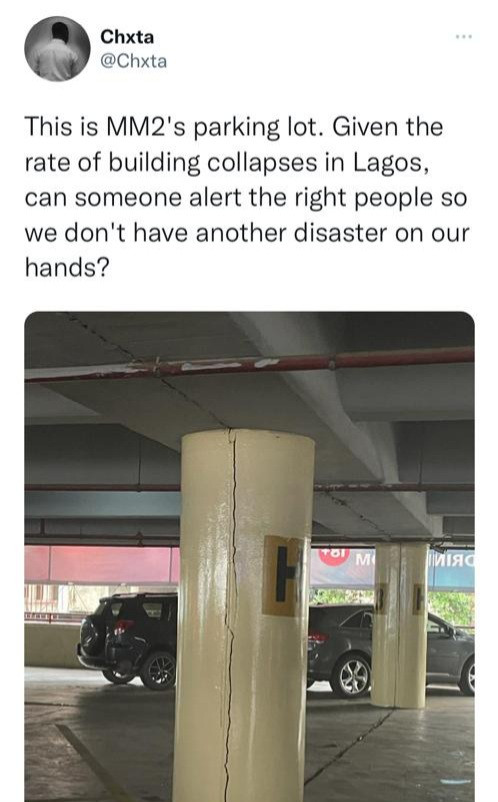 Twitter user raises alarm over a crack spotted on one of the pillars at Lagos airport