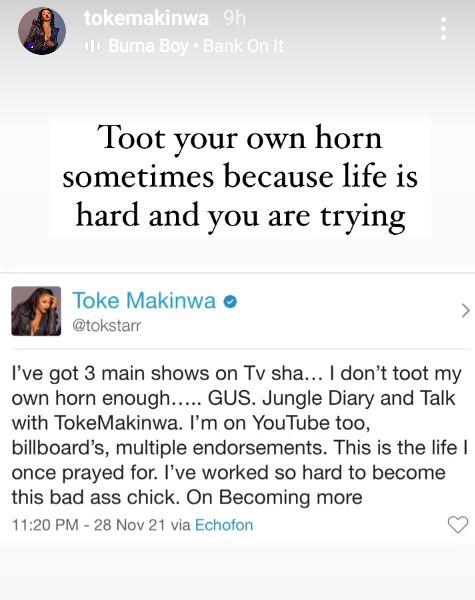 Three shows on TV, billboards, multiple endorsements" - Toke Makinwa brags about her success 