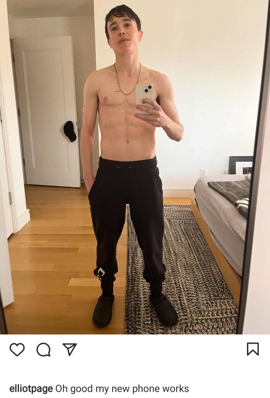 Elliot Page goes topless to show off abs one year after coming out as transgender and transitioning into a man