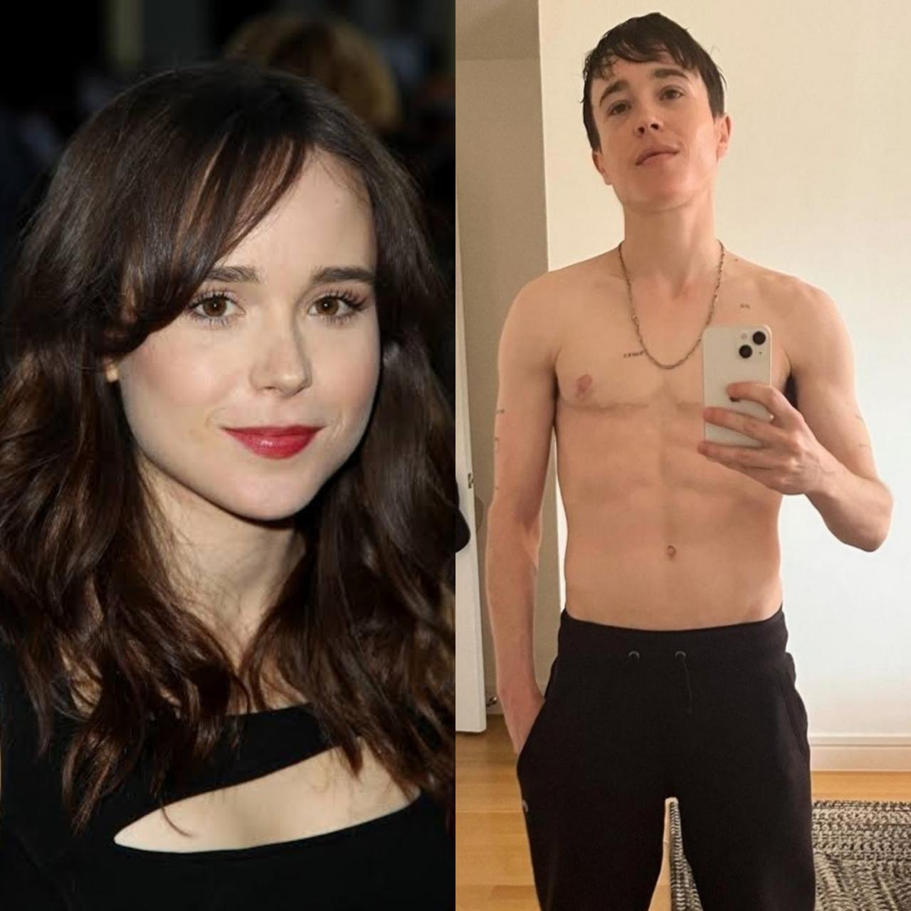 Elliot Page goes topless to show off abs one year after coming out as transgender and transitioning into a man