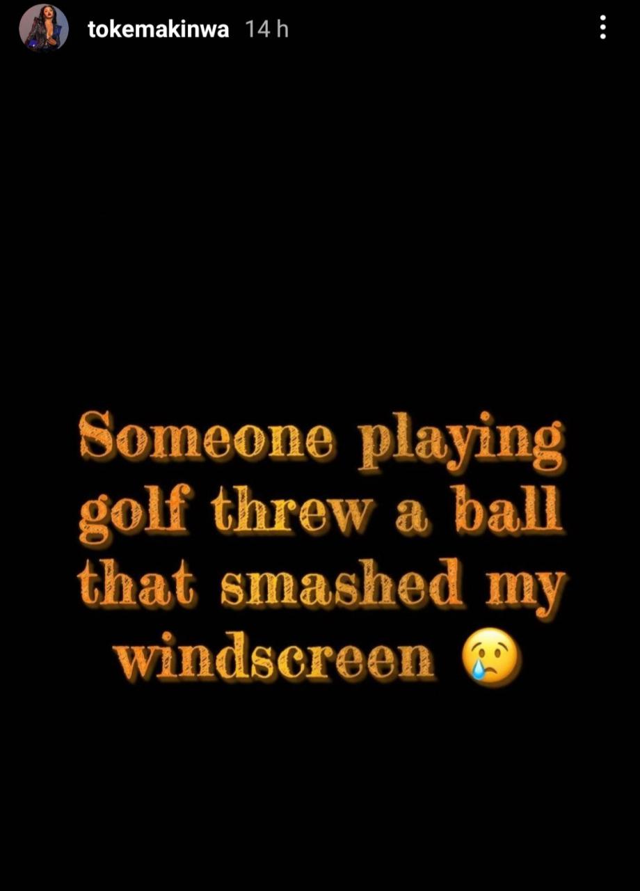 Toke Makinwa laments as golf player smashes the windscreen of her car
