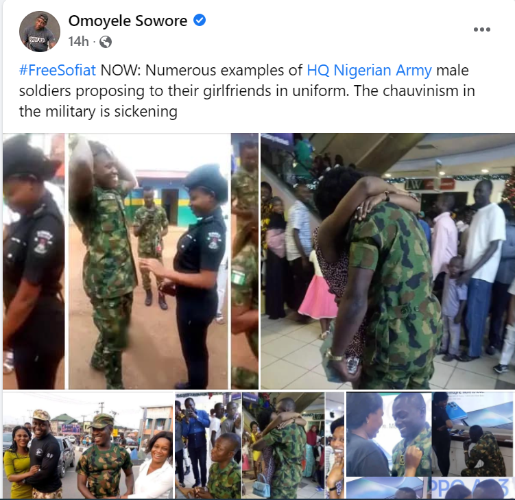 The chauvinism in the military is sickening - Omoyele Sowore reacts to Nigerian army detaining a female soldier for accepting a male corps member