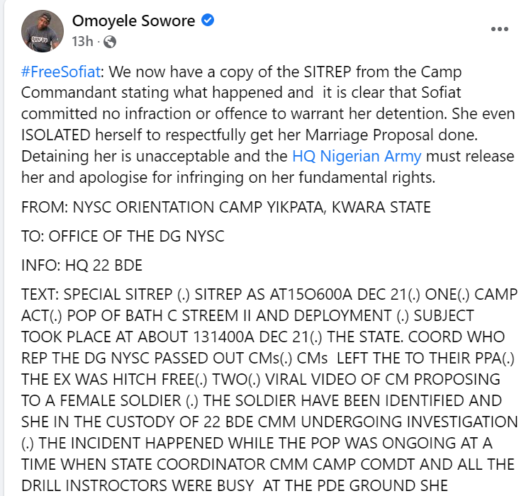 The chauvinism in the military is sickening - Omoyele Sowore reacts to Nigerian army detaining a female soldier for accepting a male corps member