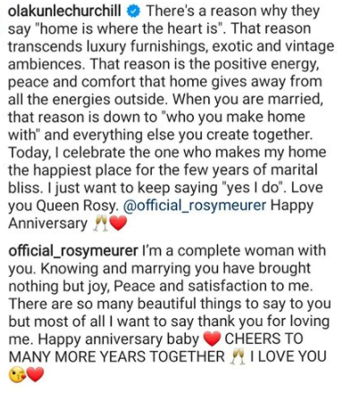  I celebrate the one who makes my home the happiest place for the few years of marital bliss - Olakunle Churchill writes as he celebrates wedding anniversary with Rosy Meurer