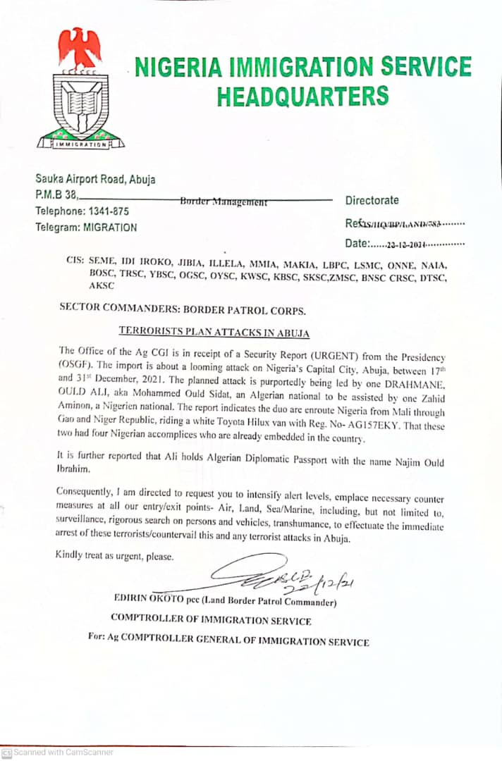 Terrorists planning to attack Abuja - Nigeria Immigration Service raises alarm