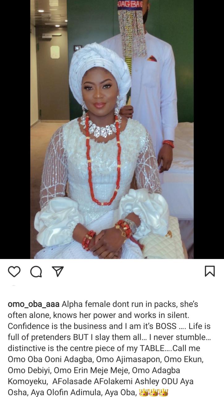 Nigerians troop to IG account of alleged new wife of Ooni of Ife where she calls herself "Aya Oba"