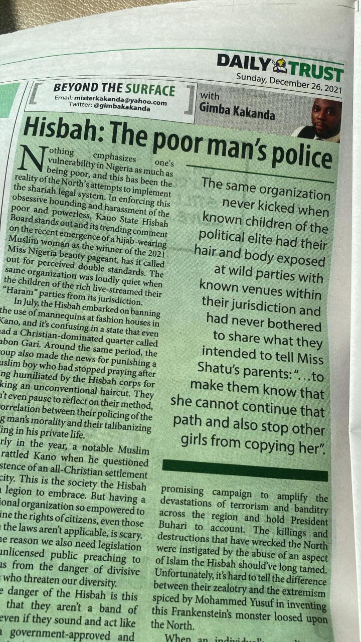 Hisbah is the poor man?s police - Nigerian journalist, Gimba Kakanda writes 