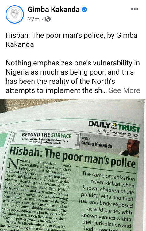 Hisbah is the poor man?s police - Nigerian journalist, Gimba Kakanda writes 