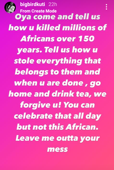 "Come and tell us how you killed millions of Africans over 150 years ago and stole everything that belongs to them" - Seun Kuti writes 