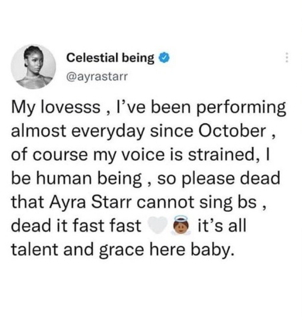 Singer Ayra Starr replies those saying she can