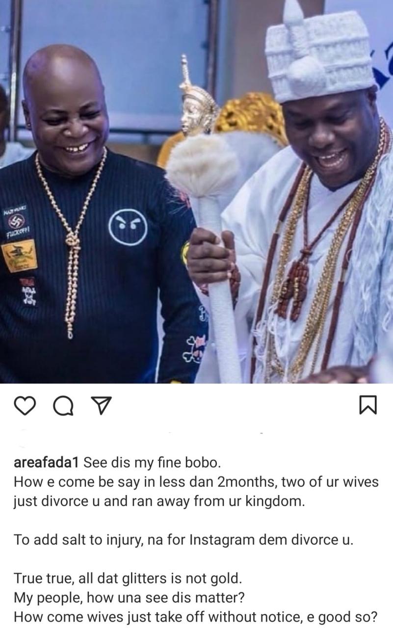 "How come 2 of your wives divorced you in less than 2 months?" Charley Boy reacts to Ooni of Ife