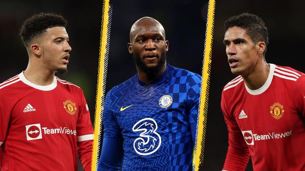 Jadon Sancho, Romelu Lukaku, Raphael Varane split picture graphic