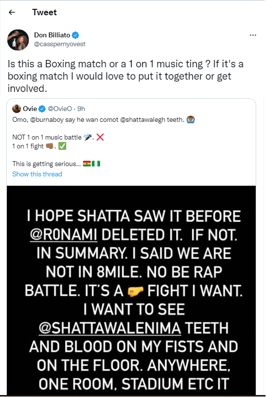 South African rapper,?Casper Nyovest says he would like to organize the 1 on 1 fight between Burna Boy and Shatta Wale?