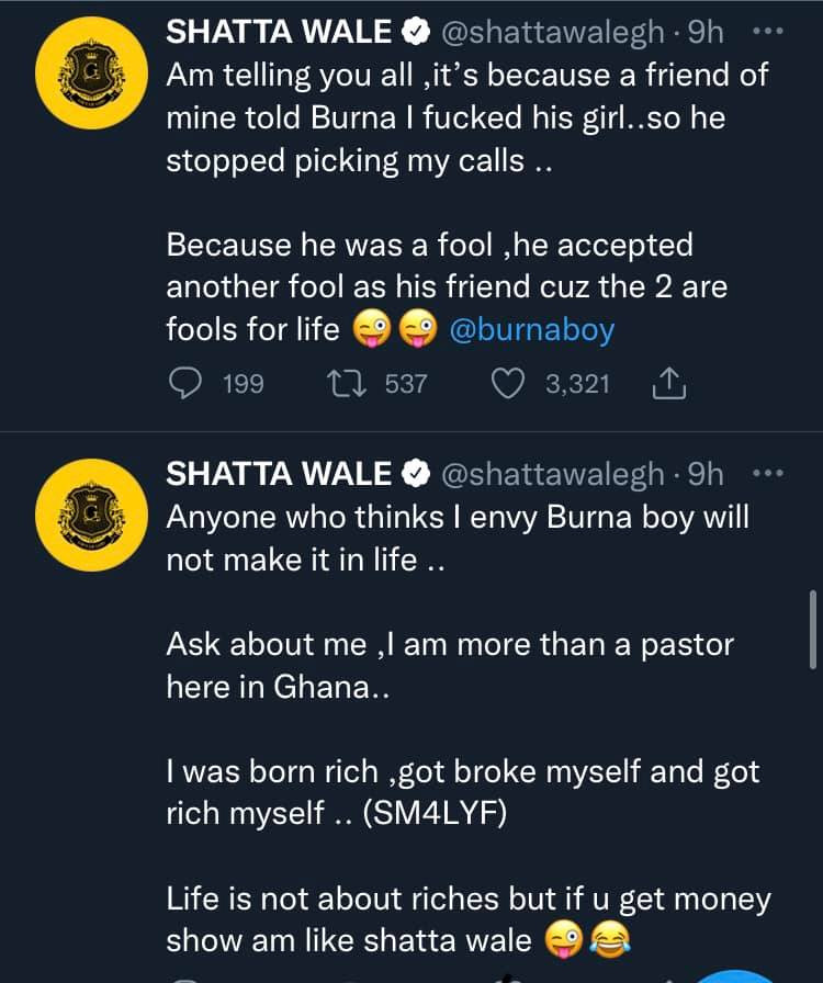He is a rap*st, he is jealous I did the same to his girl - Shatta Wale continues dragging Burna Boy