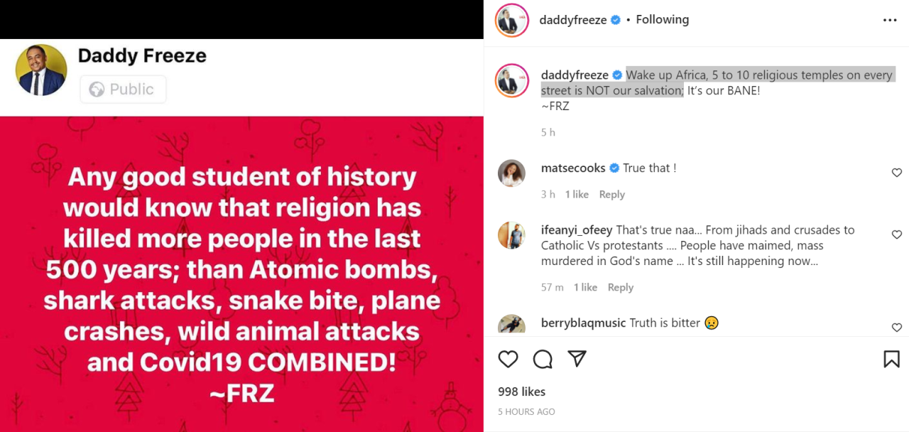 Religion has killed more people in the last 500 years than atomic bomb, shark attacks, snake bites, plane crashes, wild animals and COVID-19 combined - Daddy Freeze