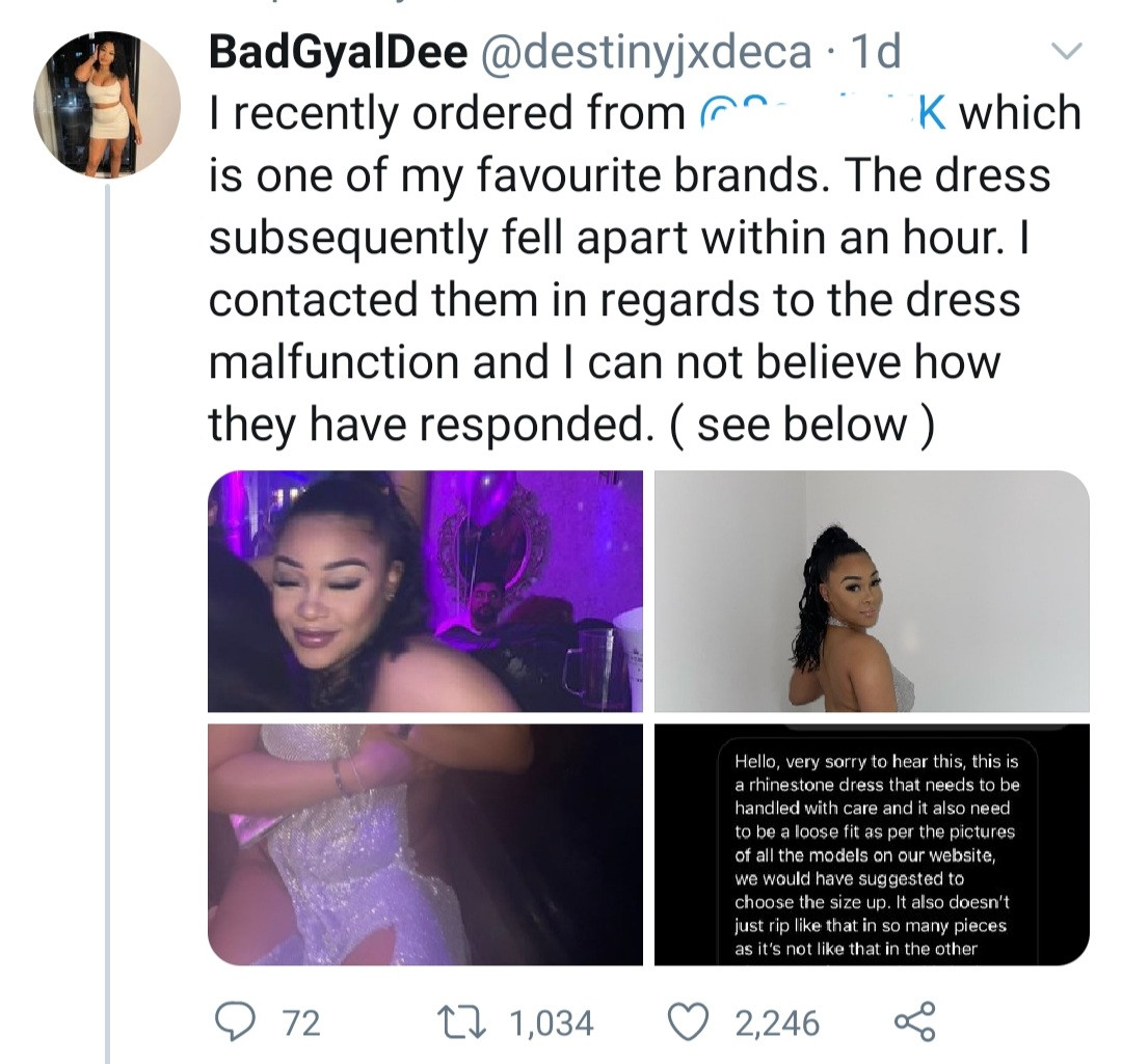 Woman calls out store after skimpy dress bought from them ripped open while she was partying