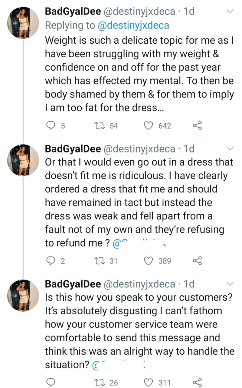 Woman calls out store after skimpy dress bought from them ripped open while she was partying