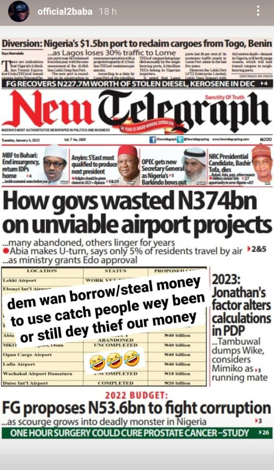 Comedy continent - Singer 2face Idibia mocks FG over plans to spend N53.6bn to fight corruption