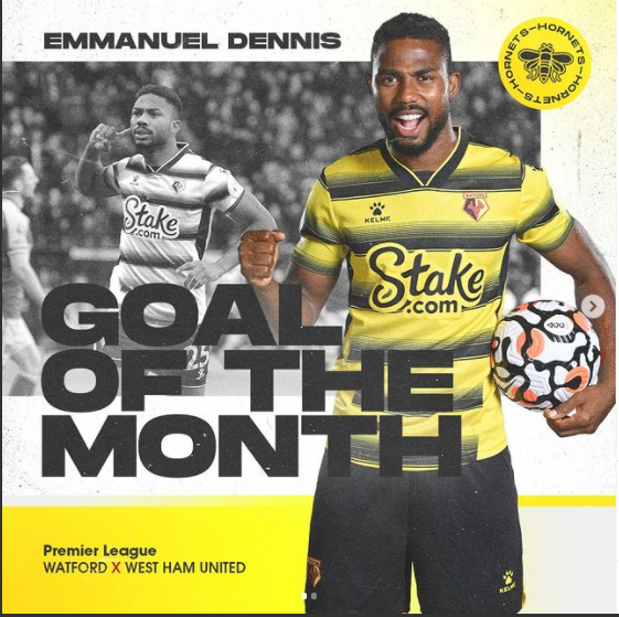 Super Eagles striker, Emmanuel Dennis wins Watford Player and Goal of the Month awards for December