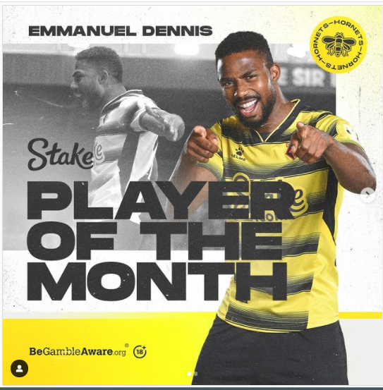 Super Eagles striker, Emmanuel Dennis wins Watford Player and Goal of the Month awards for December