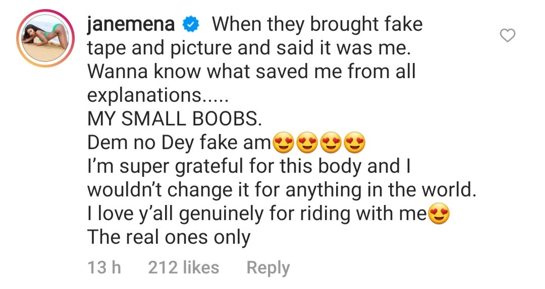 Jane Mena shows off her small breasts as she credits it for saving her "when they brought fake tape and picture and said it was her"