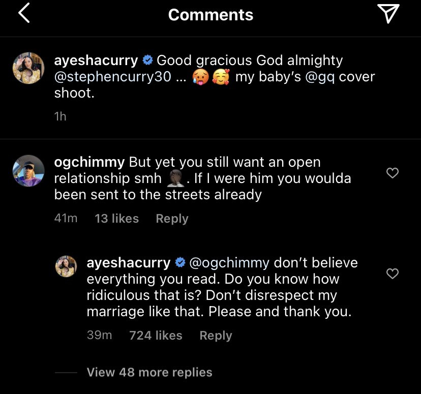 Ayesha Curry claps back at commenter as she finally responds to rumours that she and Steph Curry have an open marriage 