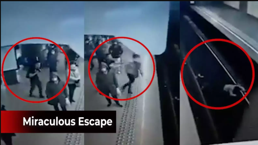 Terrifying moment woman is pushed under wheels of subway train, but driver managed to stop just in time (video)