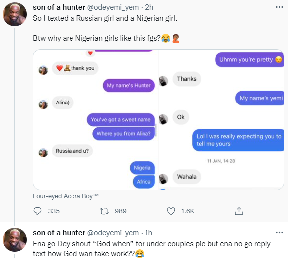 "Why are Nigerian girls like this?" Nigerian man asks as he shares his chats with a Russian woman and a Nigerian woman
