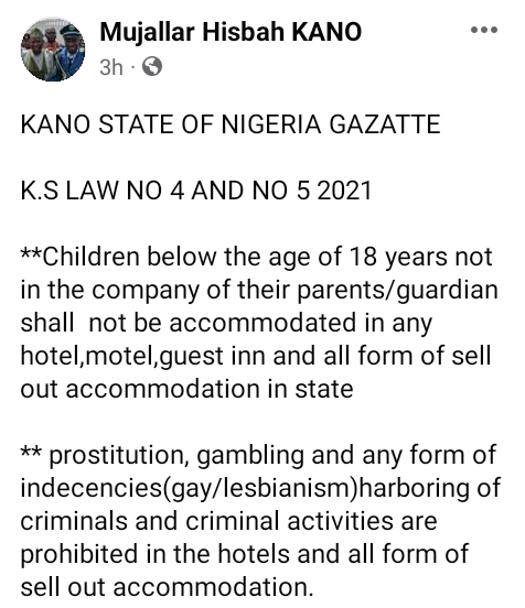 Kano Hisbah begins enforcement of ban on men and women from swimming in same pool; lesbianism, gay activities, prostitution in hotels and guesthouses 