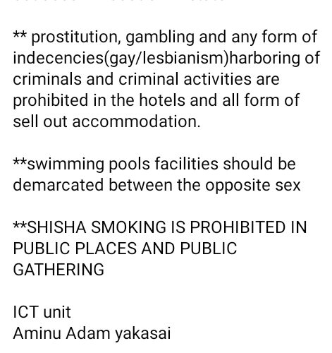 Kano Hisbah begins enforcement of ban on men and women from swimming in same pool; lesbianism, gay activities, prostitution in hotels and guesthouses 