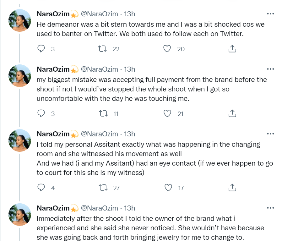 Makeup artist and model, Nara Ozim insists she was sexually assaulted by photographer after Twitter users accused her of making a false claim (see video evidence she presented)
