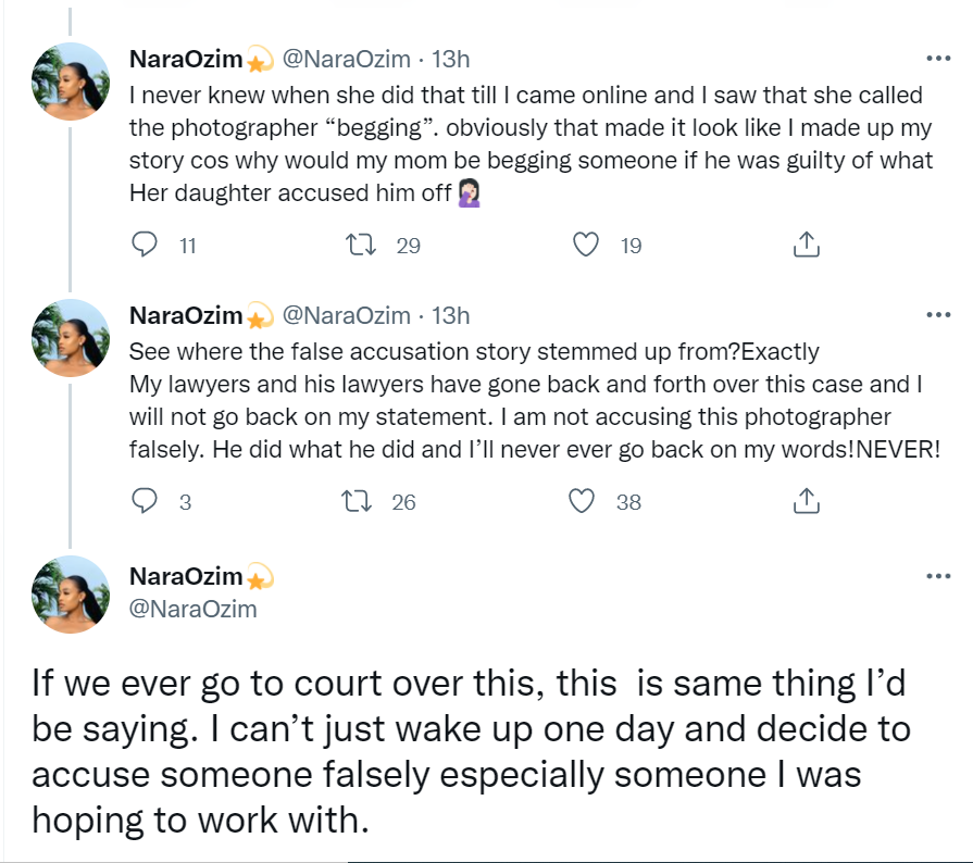 Makeup artist and model, Nara Ozim insists she was sexually assaulted by photographer after Twitter users accused her of making a false claim (see video evidence she presented)